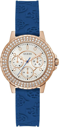 GUESS Ladies Sport Crystal Multifunction 36mm Watch – White Dial Rose Gold-Tone Stainless Steel Case with Blue Silicone Strap